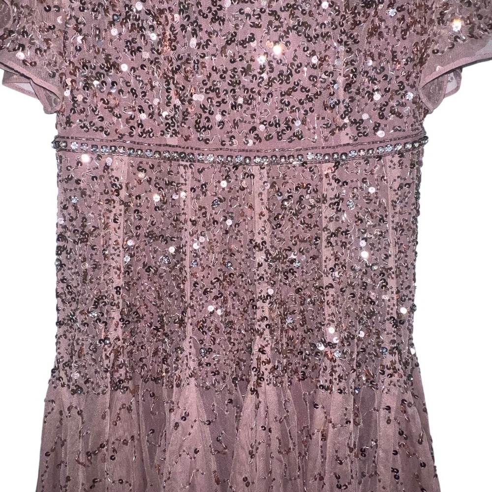 NEW NWT Mac Duggal Cape Sleeve Beaded Tea Length Drop Waist Midi Dress Rosewood - Picture 6 of 14